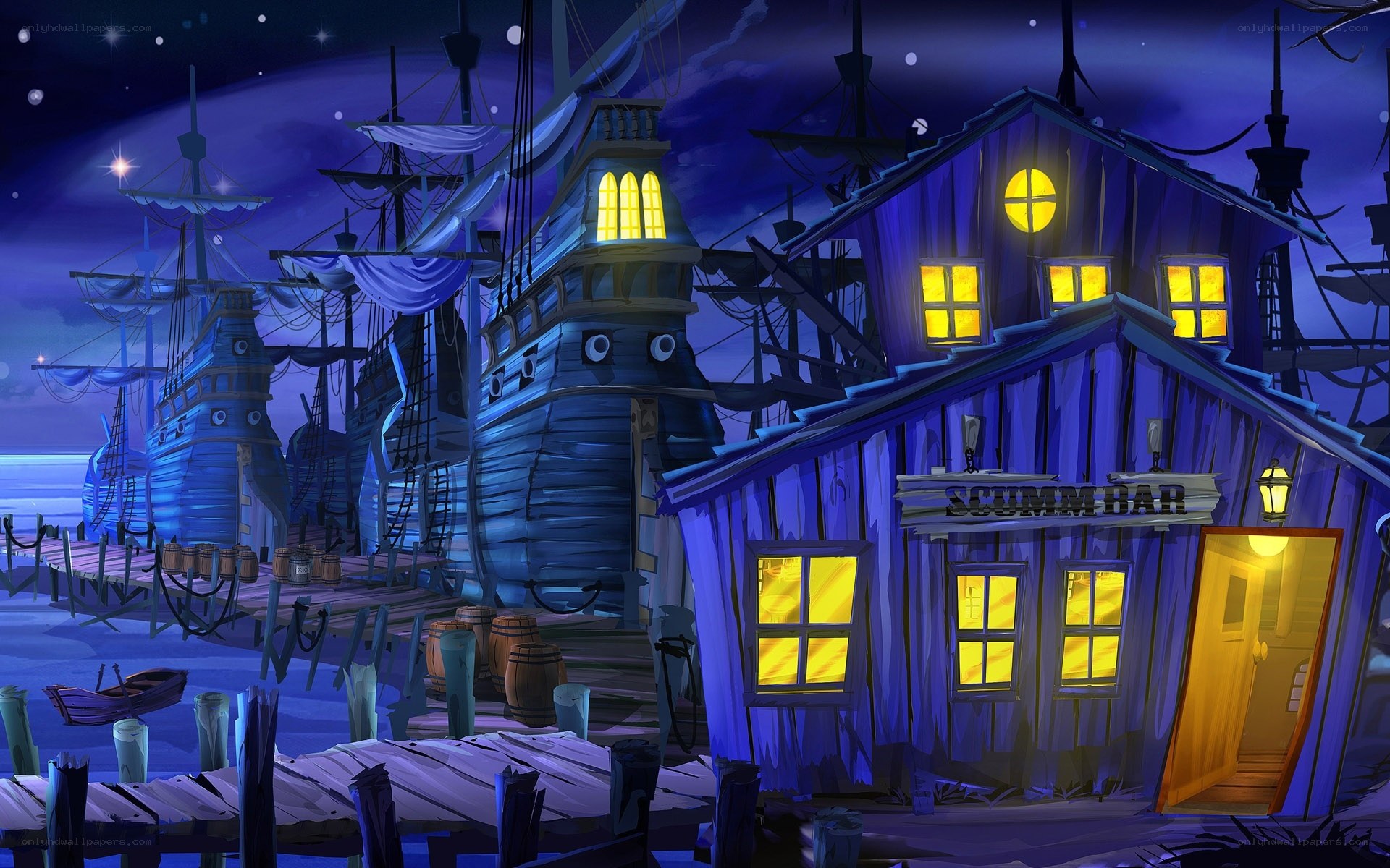 nighttime harbor with scumm bar