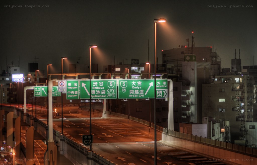 Nighttime highway in Tokyo
