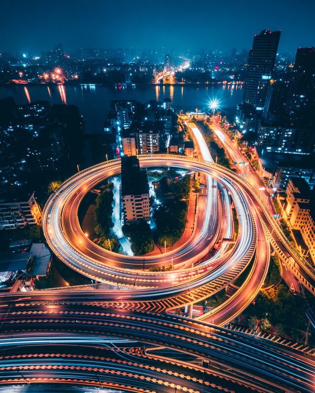 Nighttime Highway Interchange — Blue, Dramatic, Night, Photograph