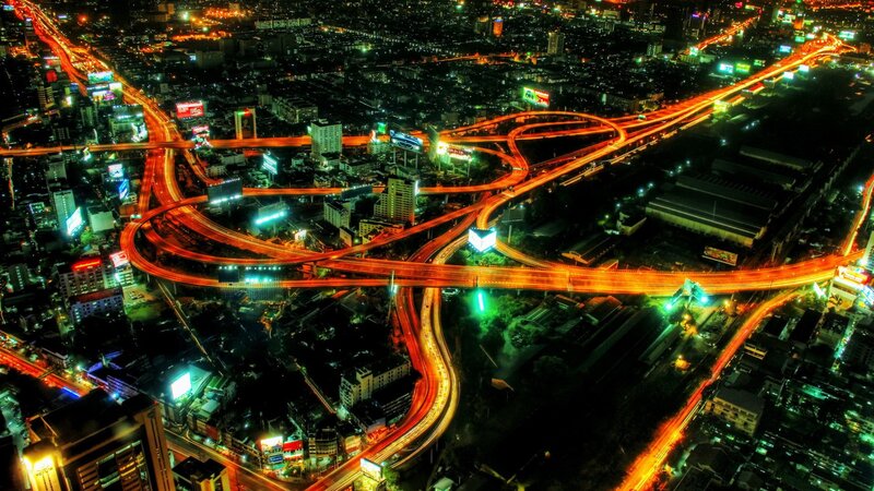 Nighttime Highway Interchange — Orange, Dramatic, Night, Photograph, City Lights