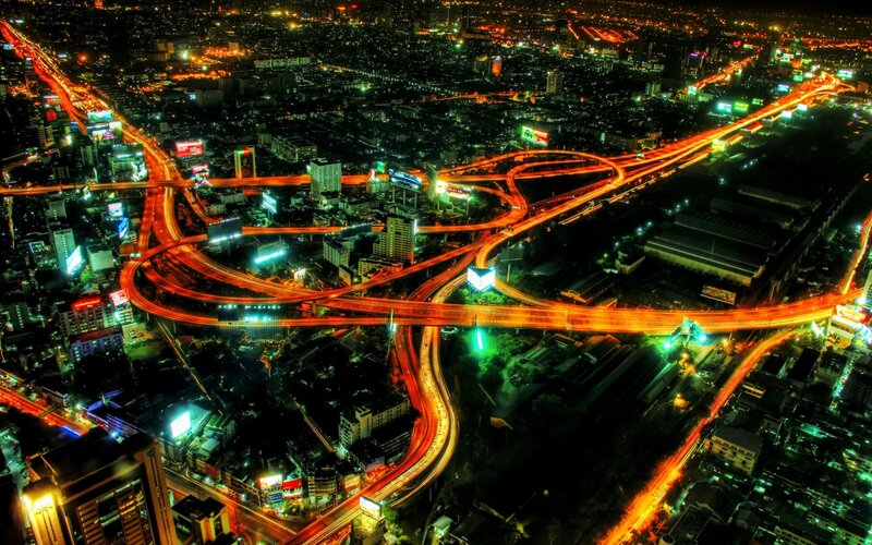 Nighttime Highway Interchange — Orange, Dramatic, Night, Photograph, City