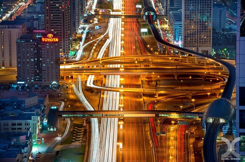 Nighttime Highway Interchange — Yellow, Dramatic, Night, Photograph, City Buildings, Light Trails