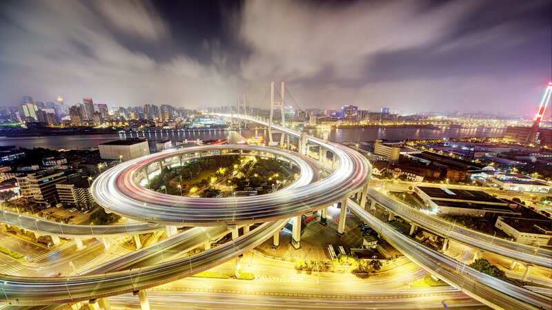 Nighttime Highway Interchange — Yellow, Dramatic, Night, Photograph