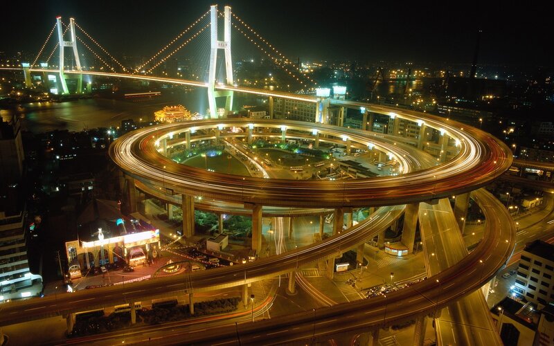 Nighttime Highway Interchange — Yellow, Dramatic, Night