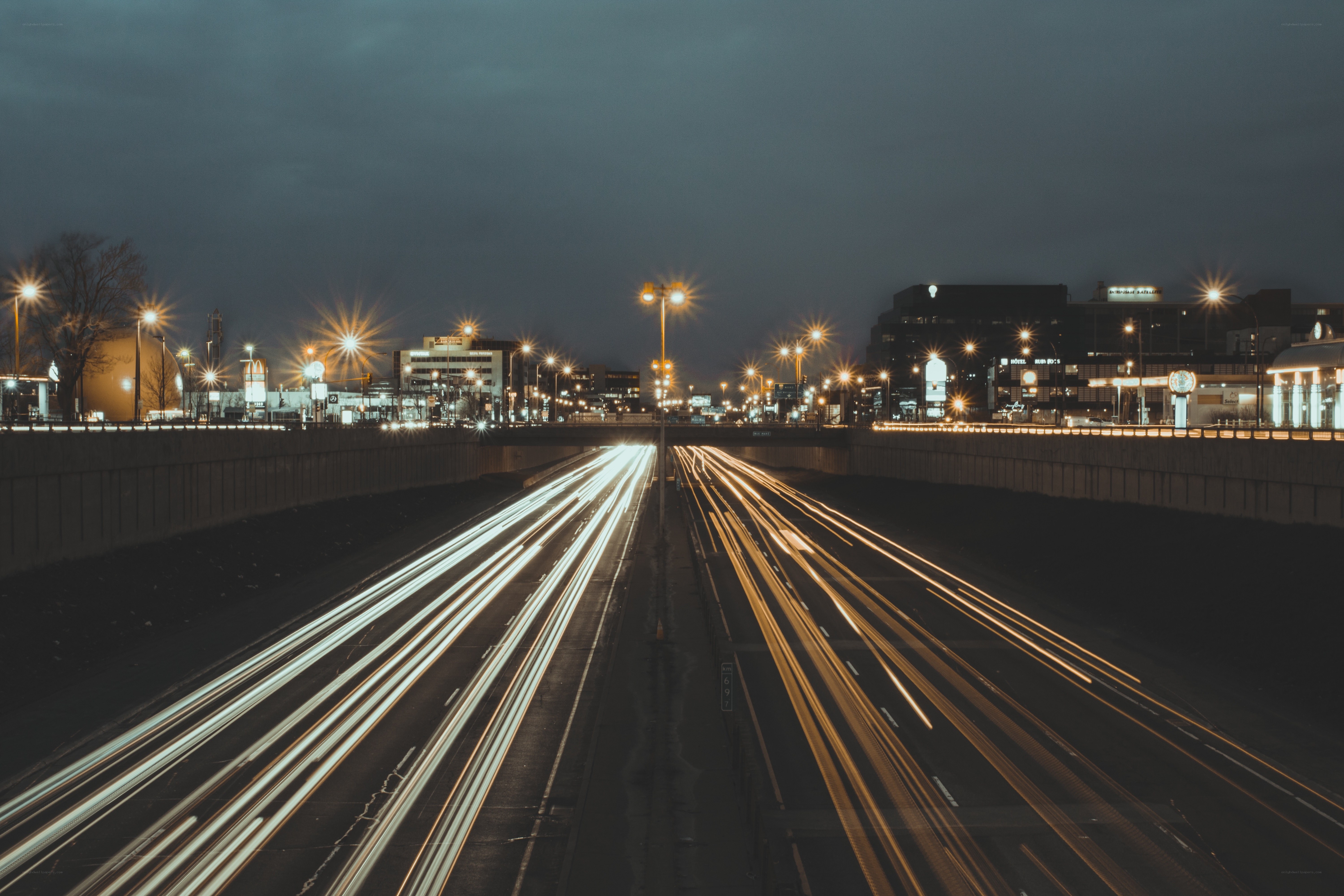 Nighttime highway light trails