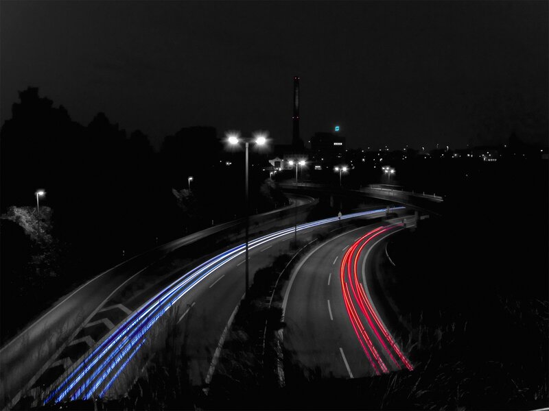 Nighttime highway light trails
