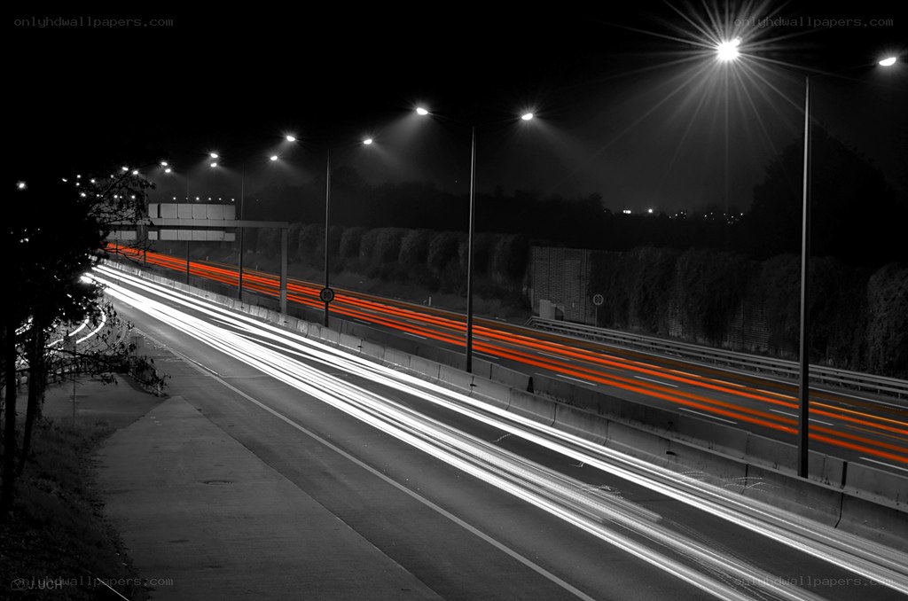 Nighttime highway light trails