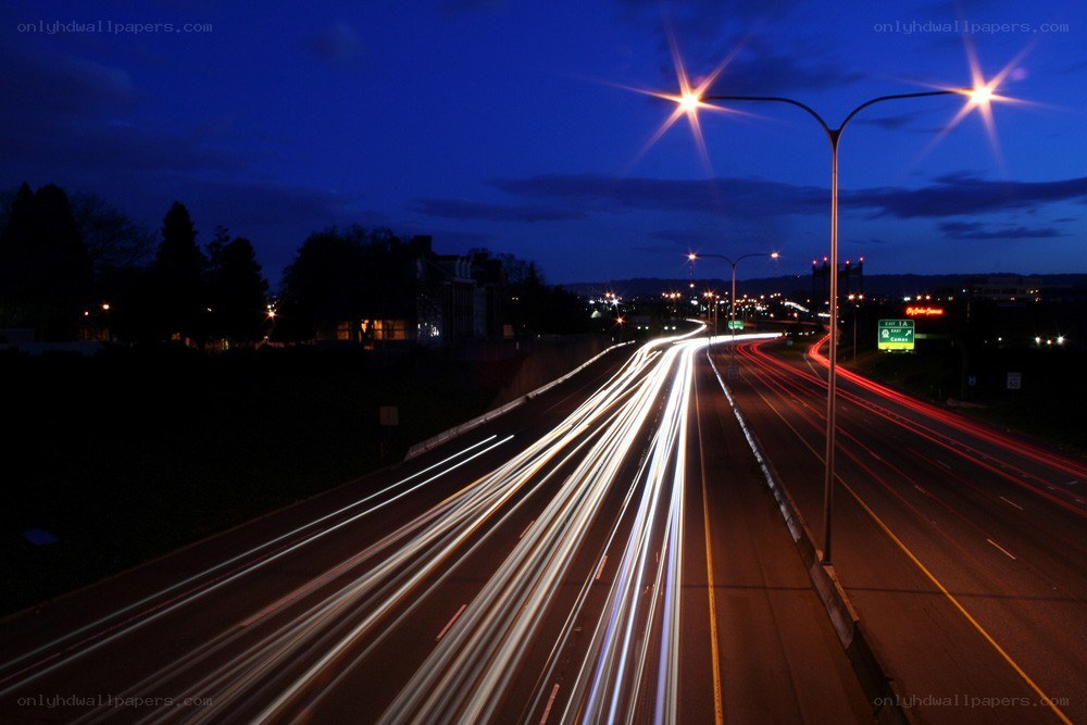 Nighttime highway light trails