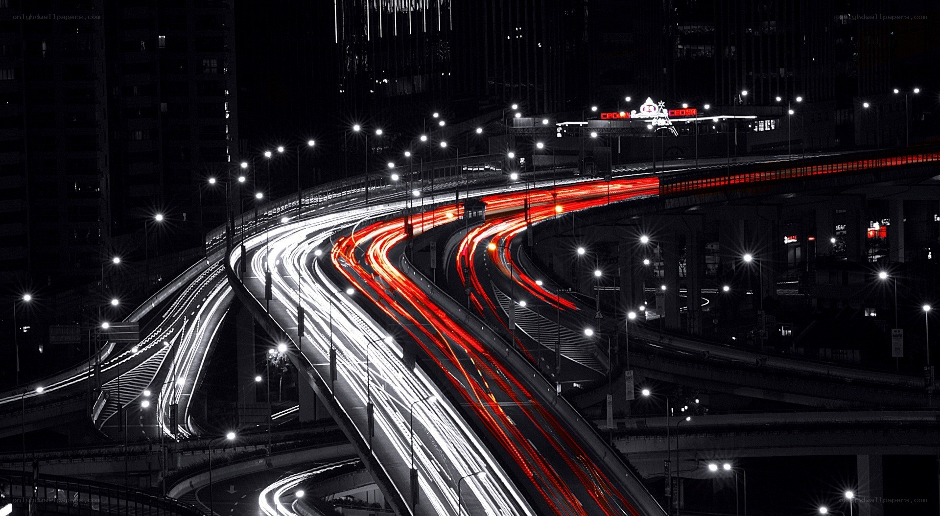 Nighttime highway light trails