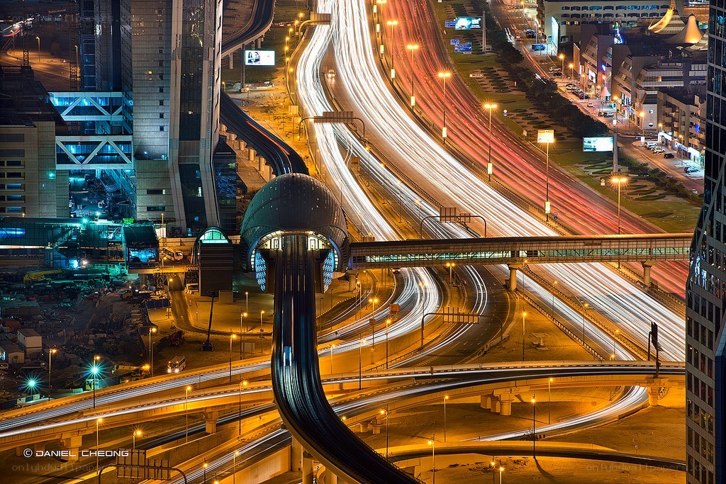 Nighttime highway traffic in a city