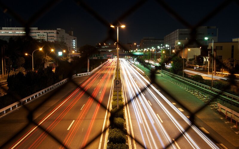 Nighttime highway traffic view