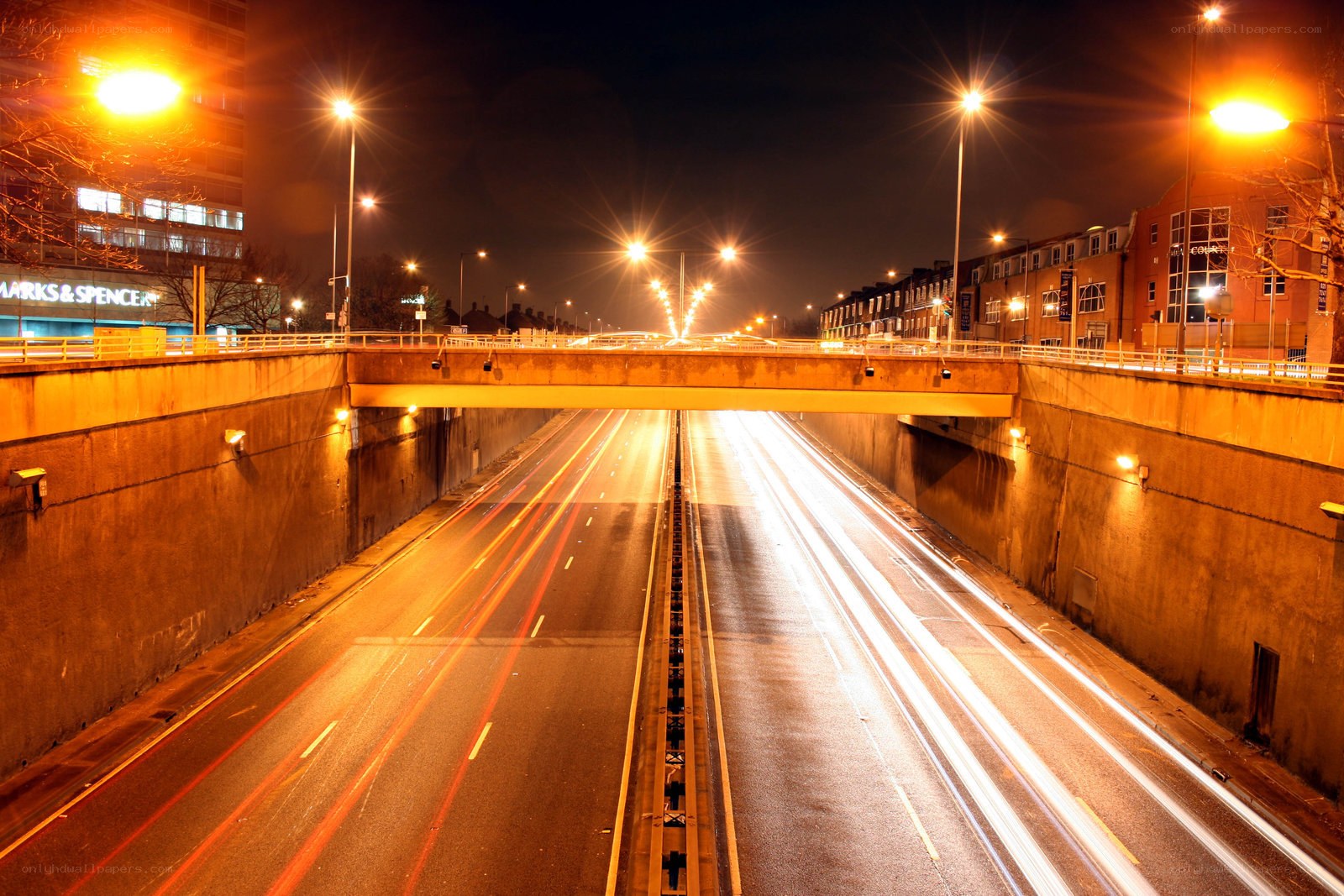 Nighttime highway underpass
