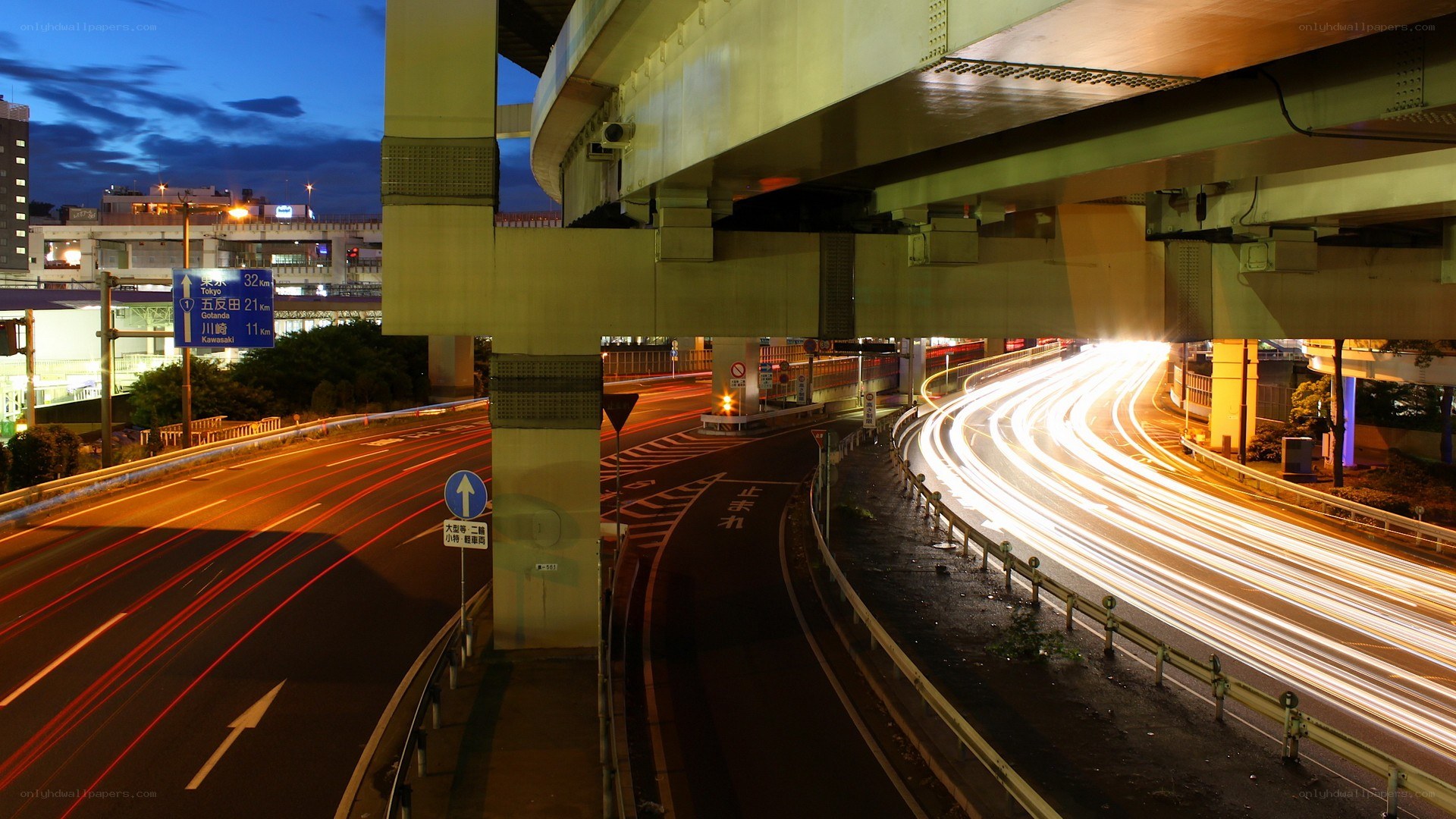Nighttime highway underpass in Japan