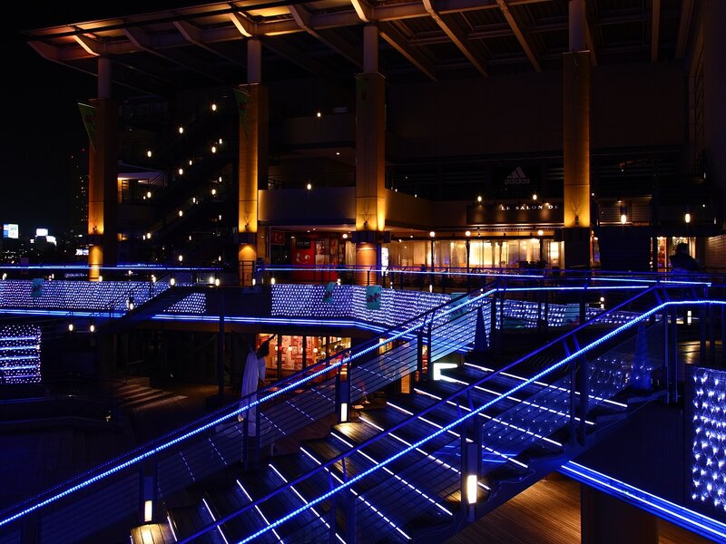 nighttime illuminated staircase