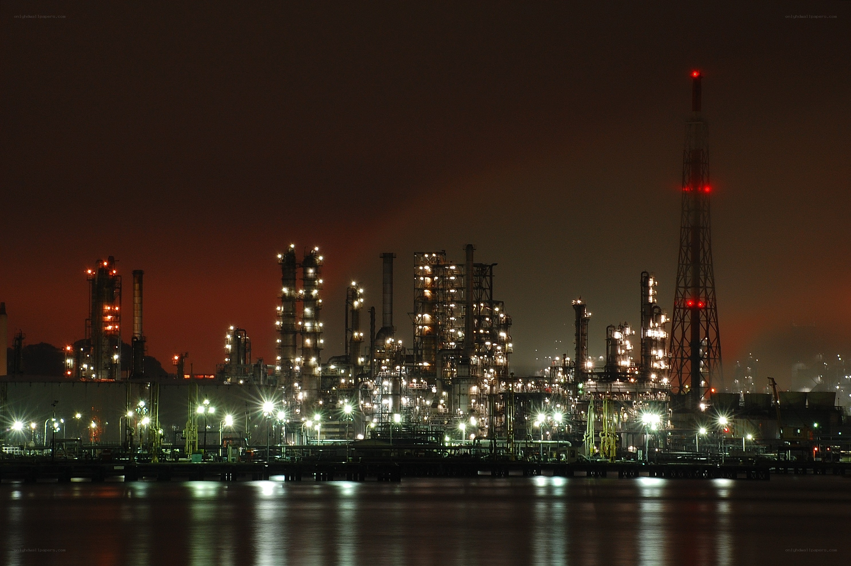 nighttime industrial port scene