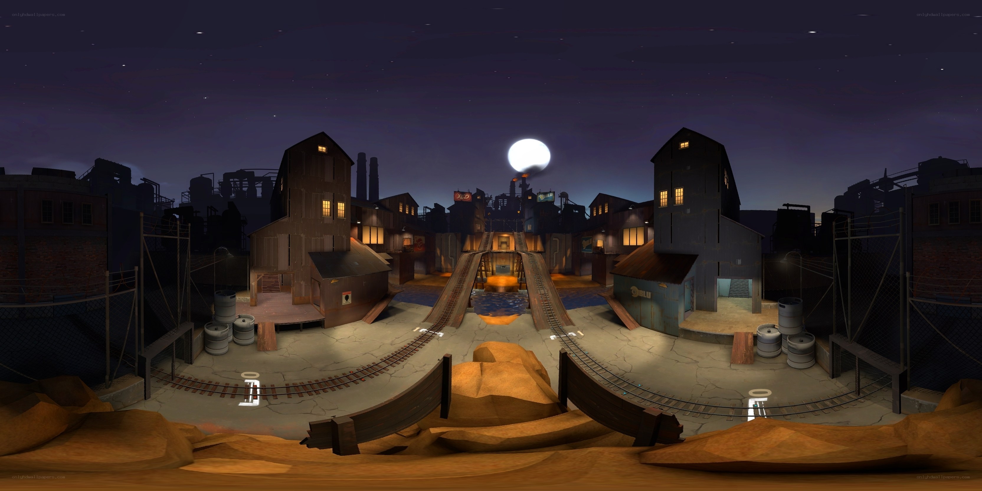nighttime industrial town scene