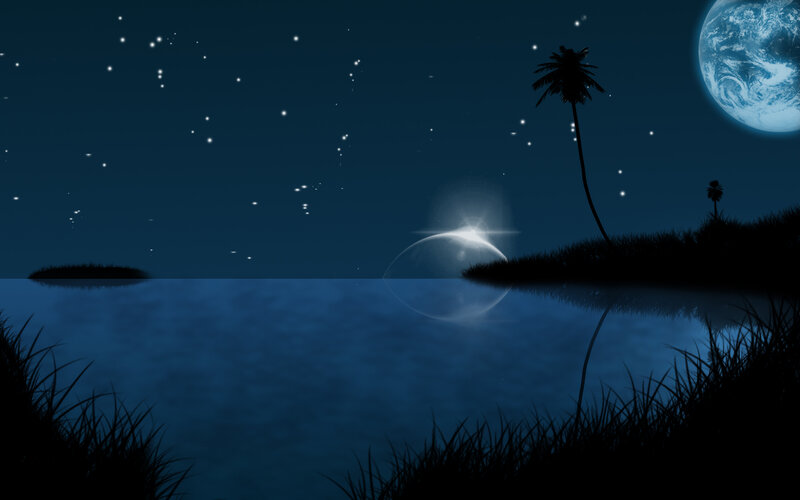 Nighttime island with moon and stars