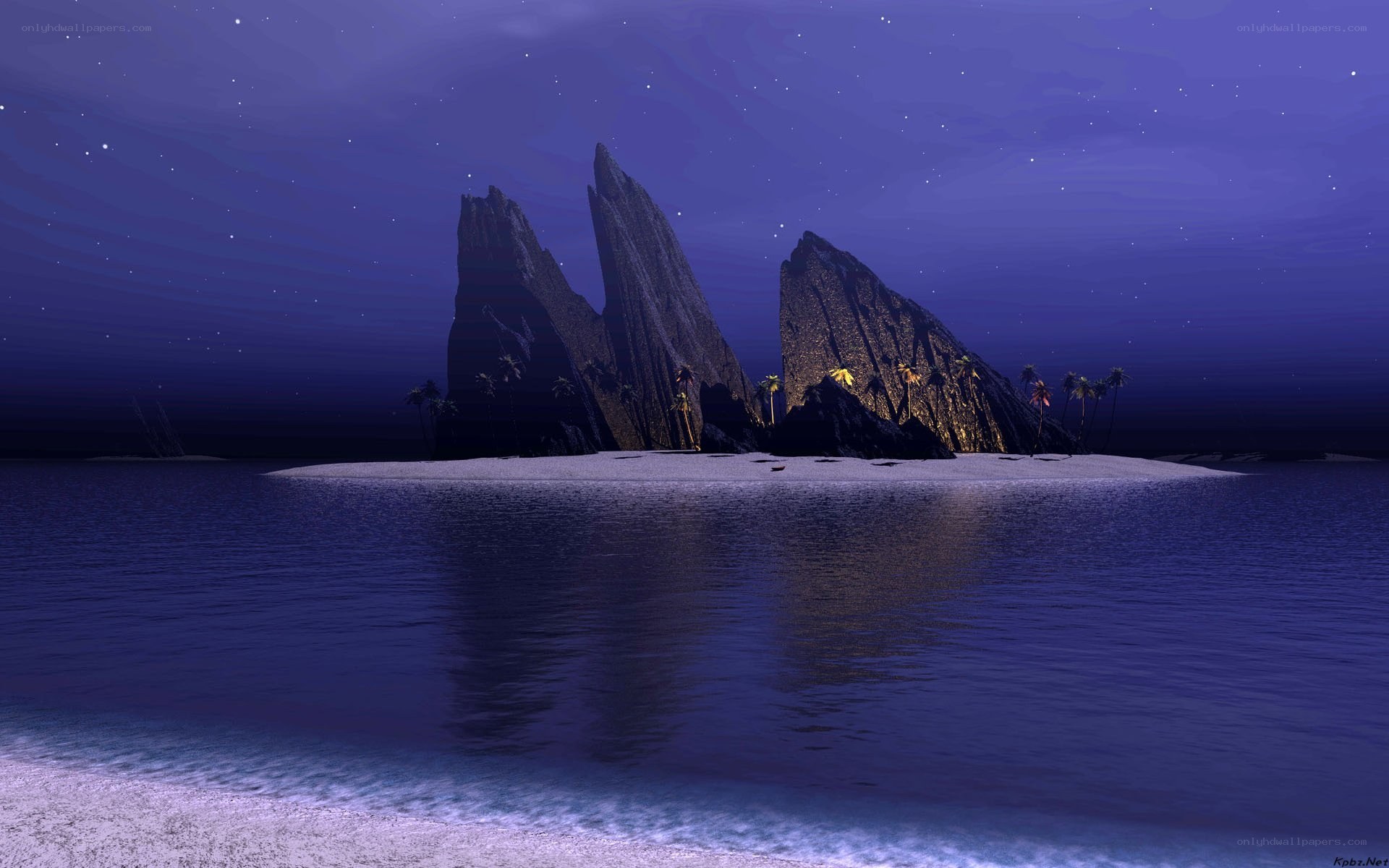 Nighttime island with rocky cliffs