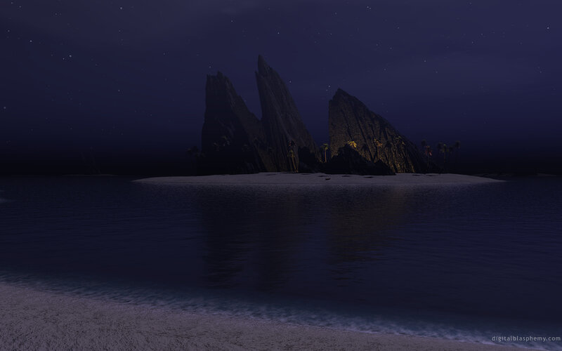 nighttime island with rocky cliffs