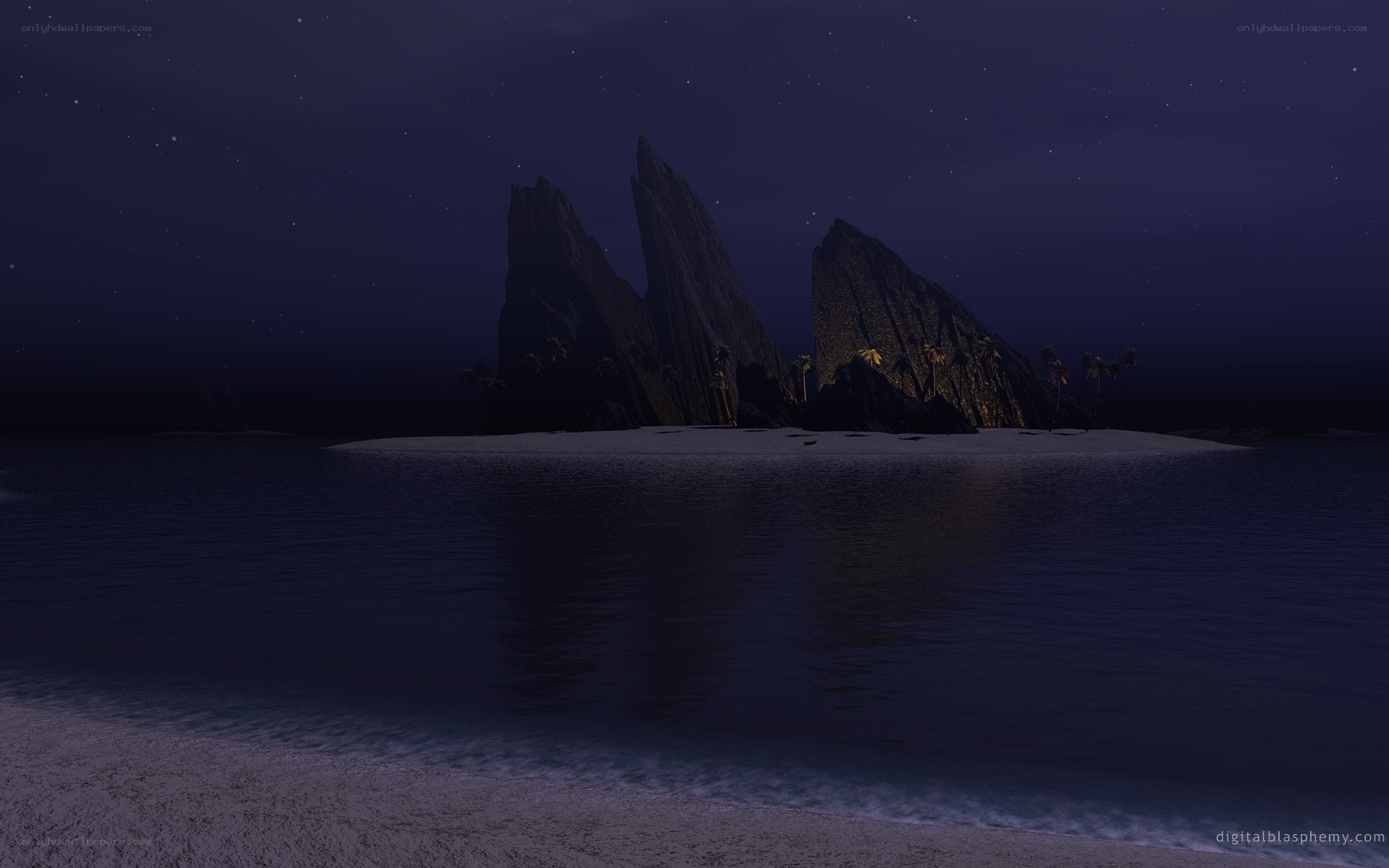 nighttime island with rocky cliffs