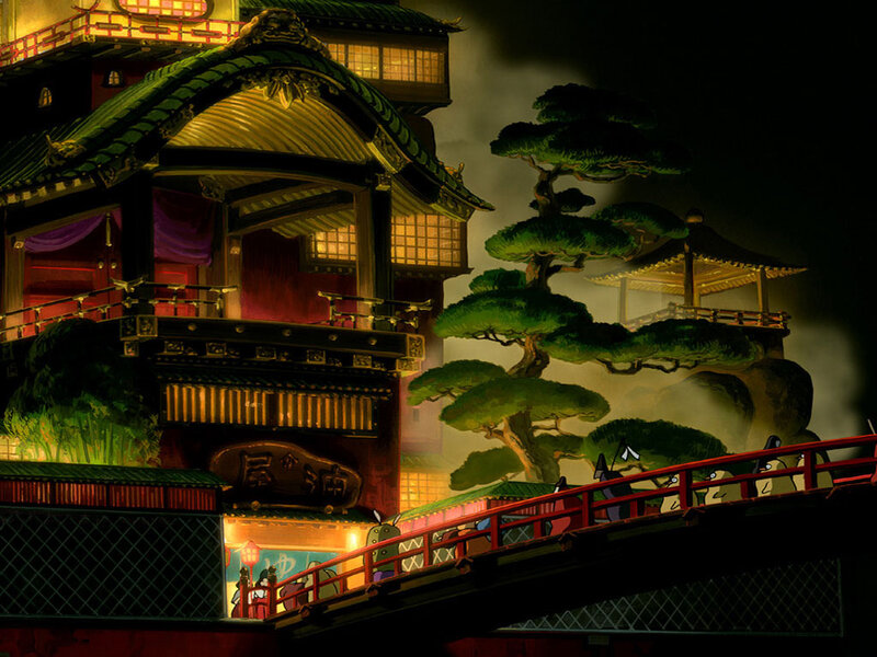 Nighttime Japanese temple scene