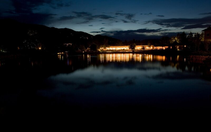 nighttime lake resort view