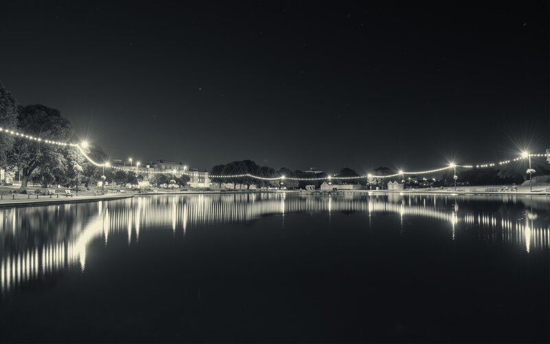Nighttime Lake with Lights — Black