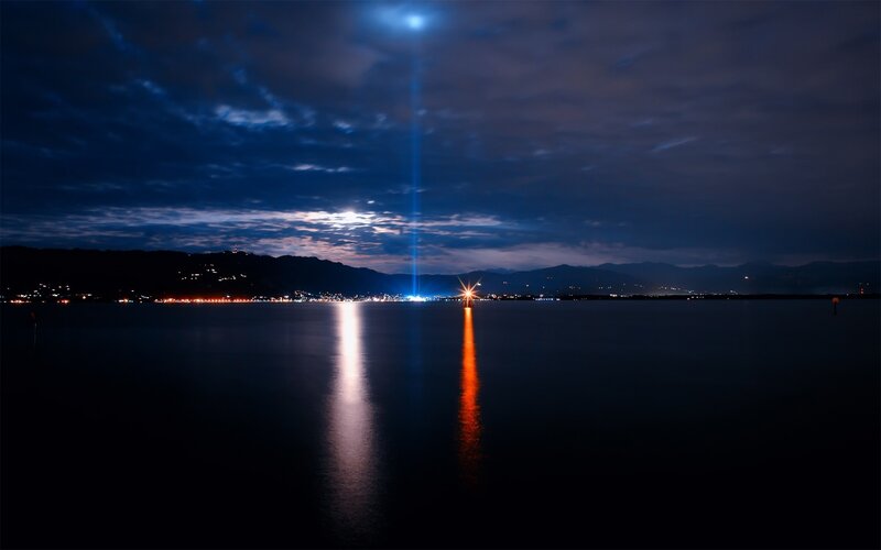 Nighttime Lake with Lights — Blue