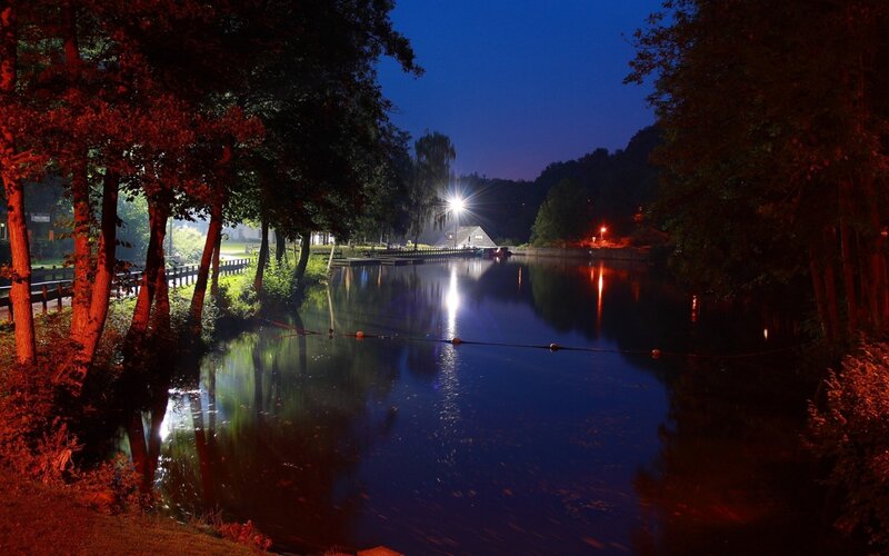 Nighttime lake with lights