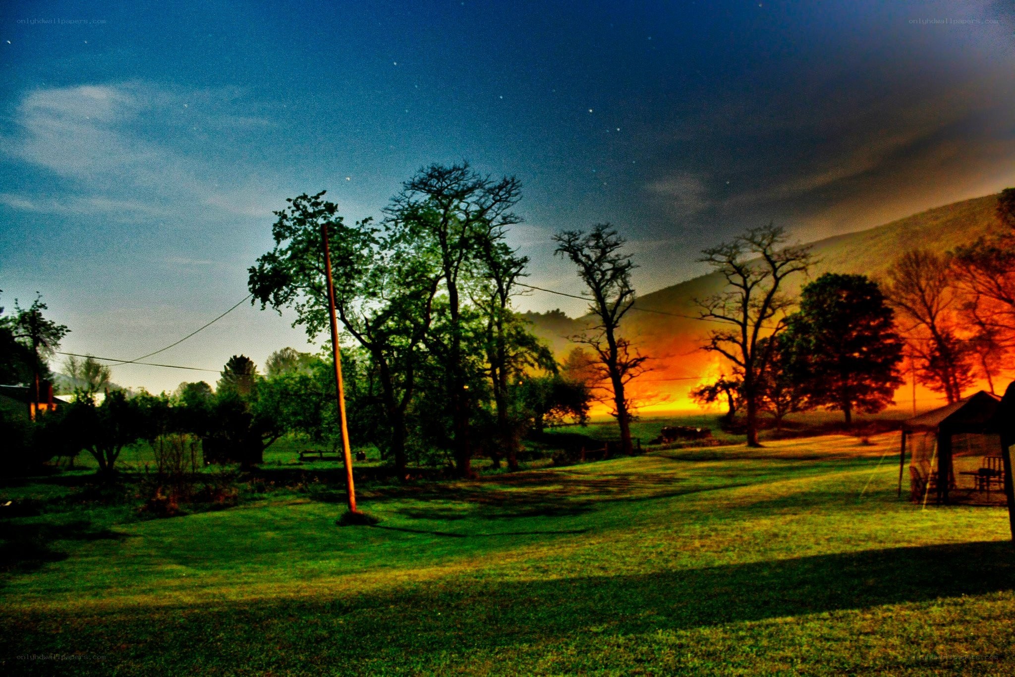 Nighttime landscape with fire