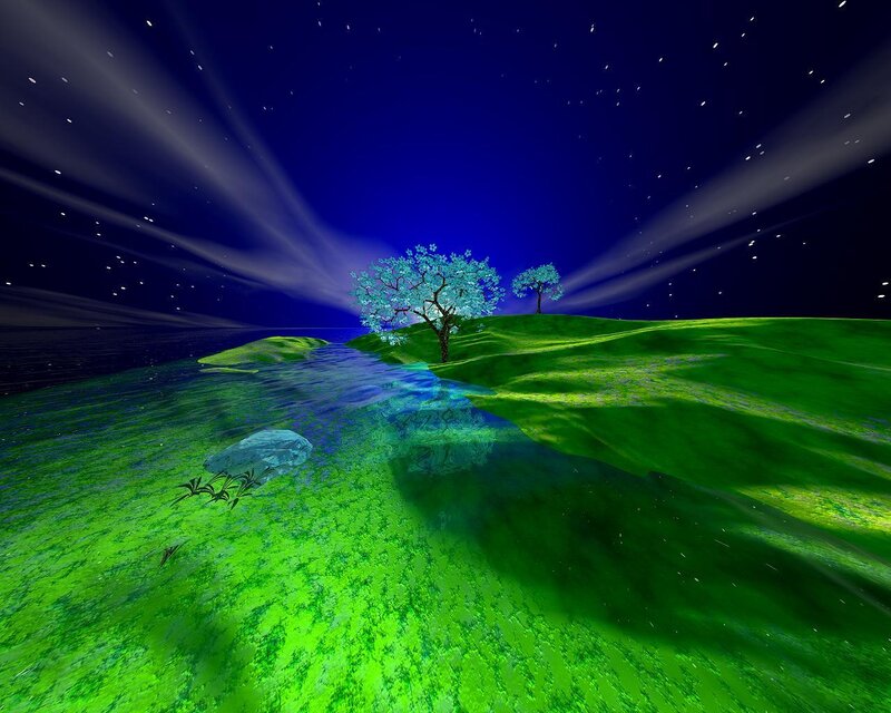 Nighttime landscape with glowing trees