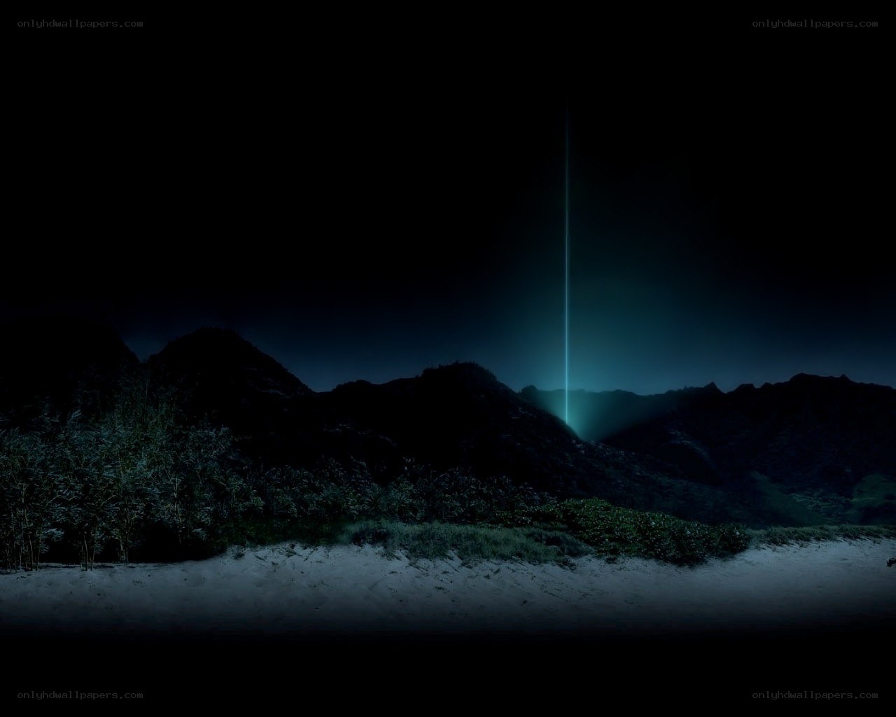 nighttime landscape with light beam