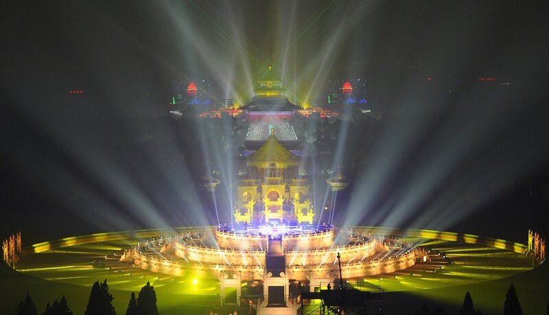 Nighttime light show at a temple