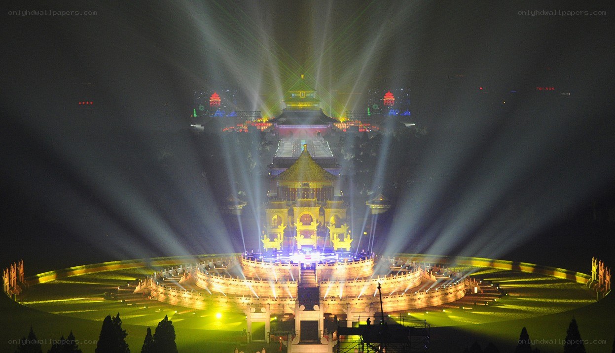 Nighttime light show at a temple