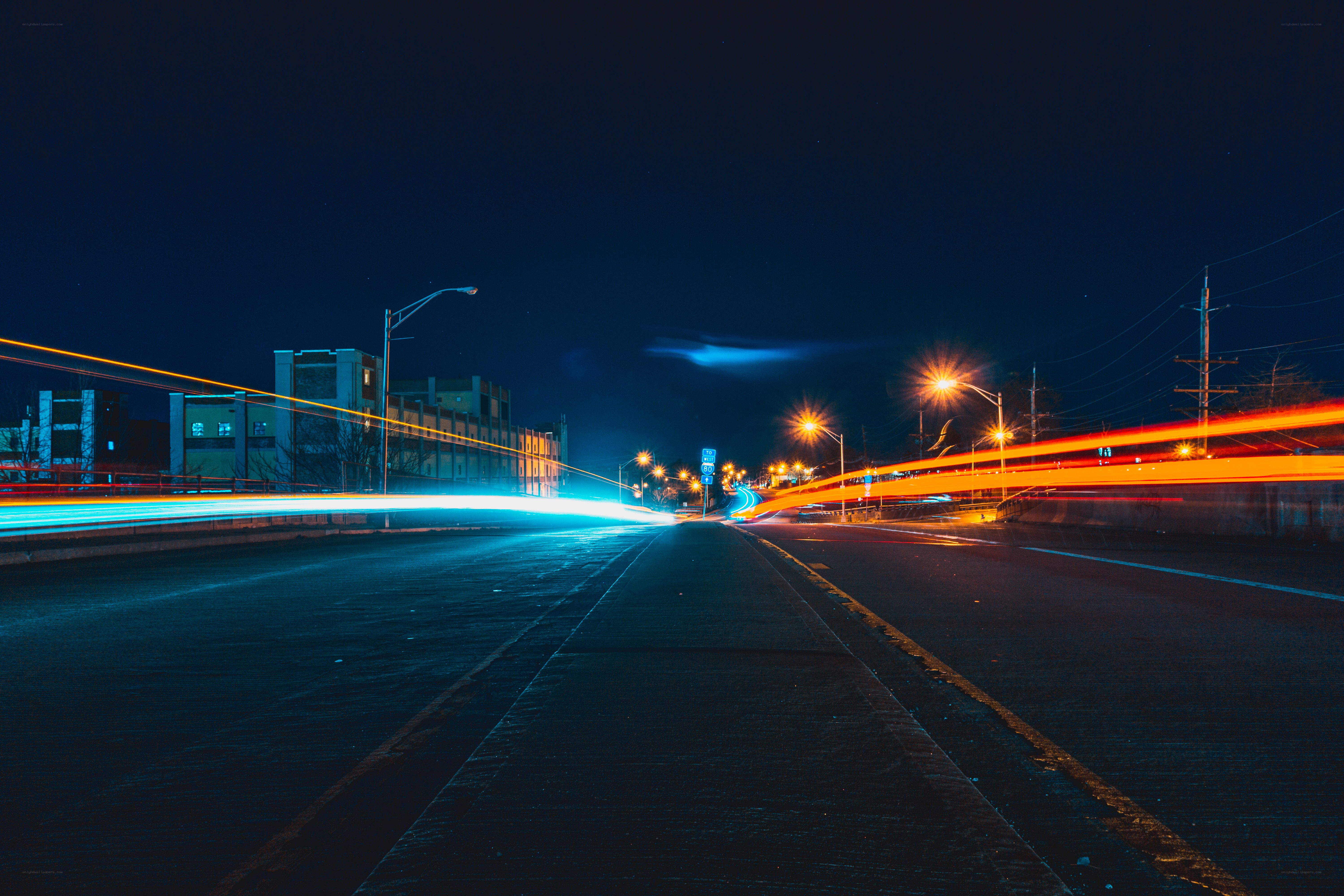 Nighttime light trails on a city road