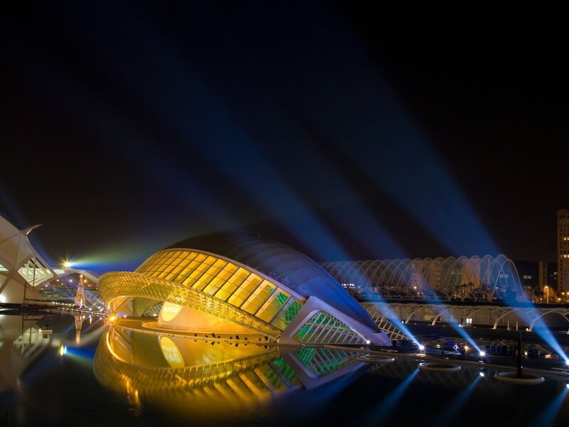 Nighttime lights at Valencia's City of Arts