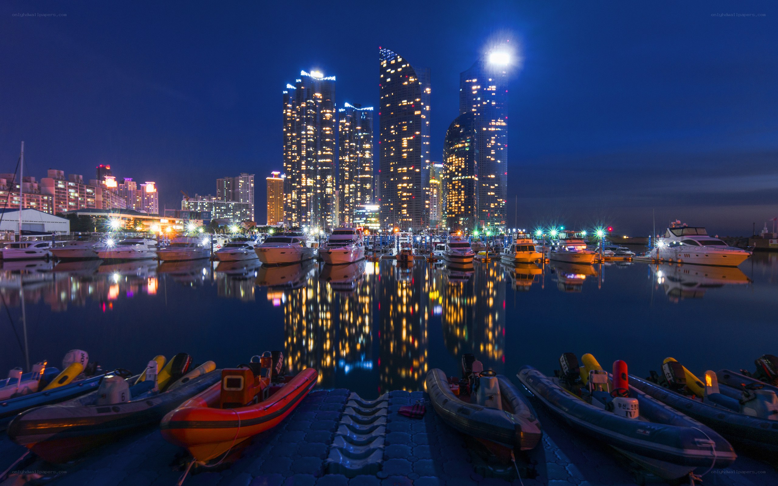 Nighttime marina with city skyline