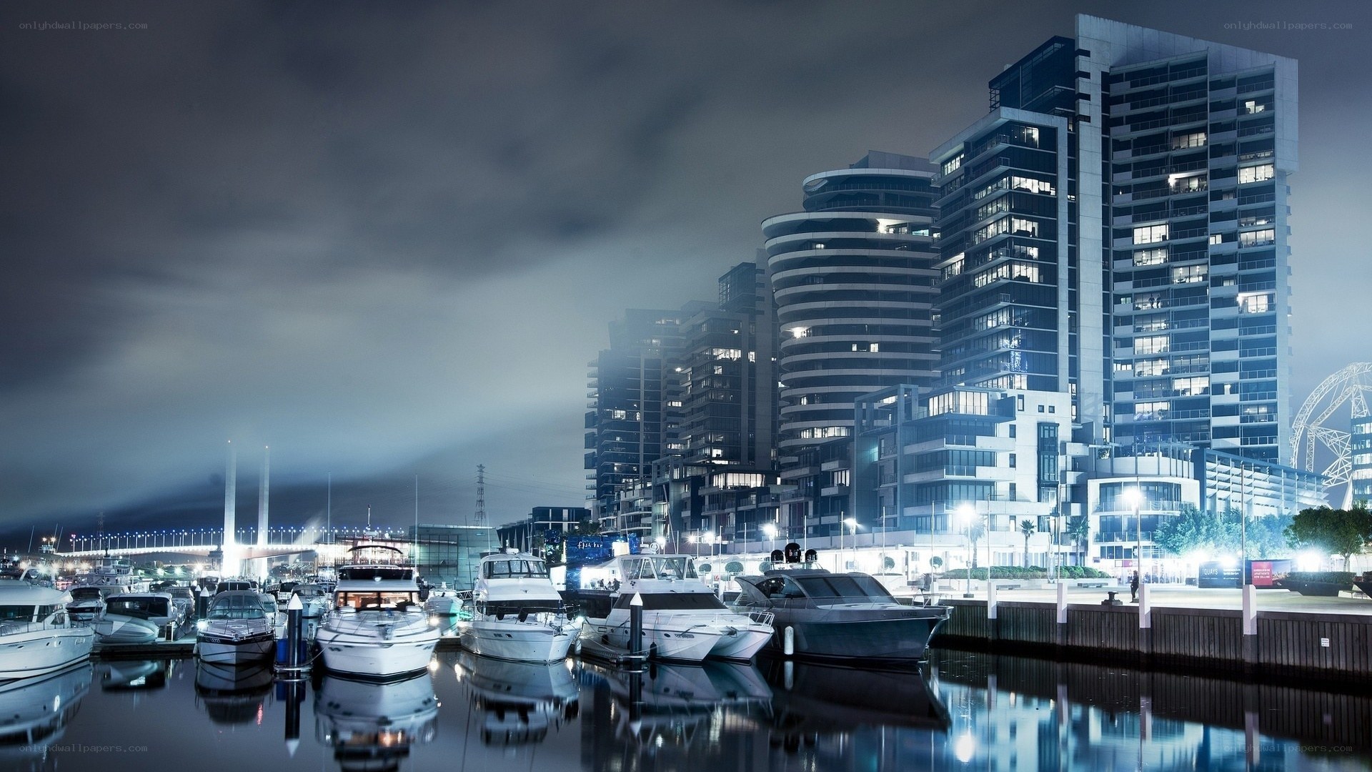 Nighttime marina with modern buildings