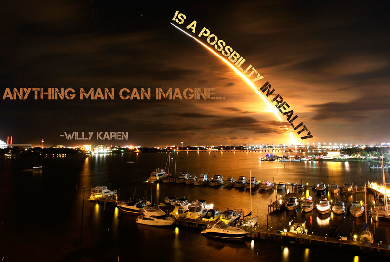 Nighttime marina with quote