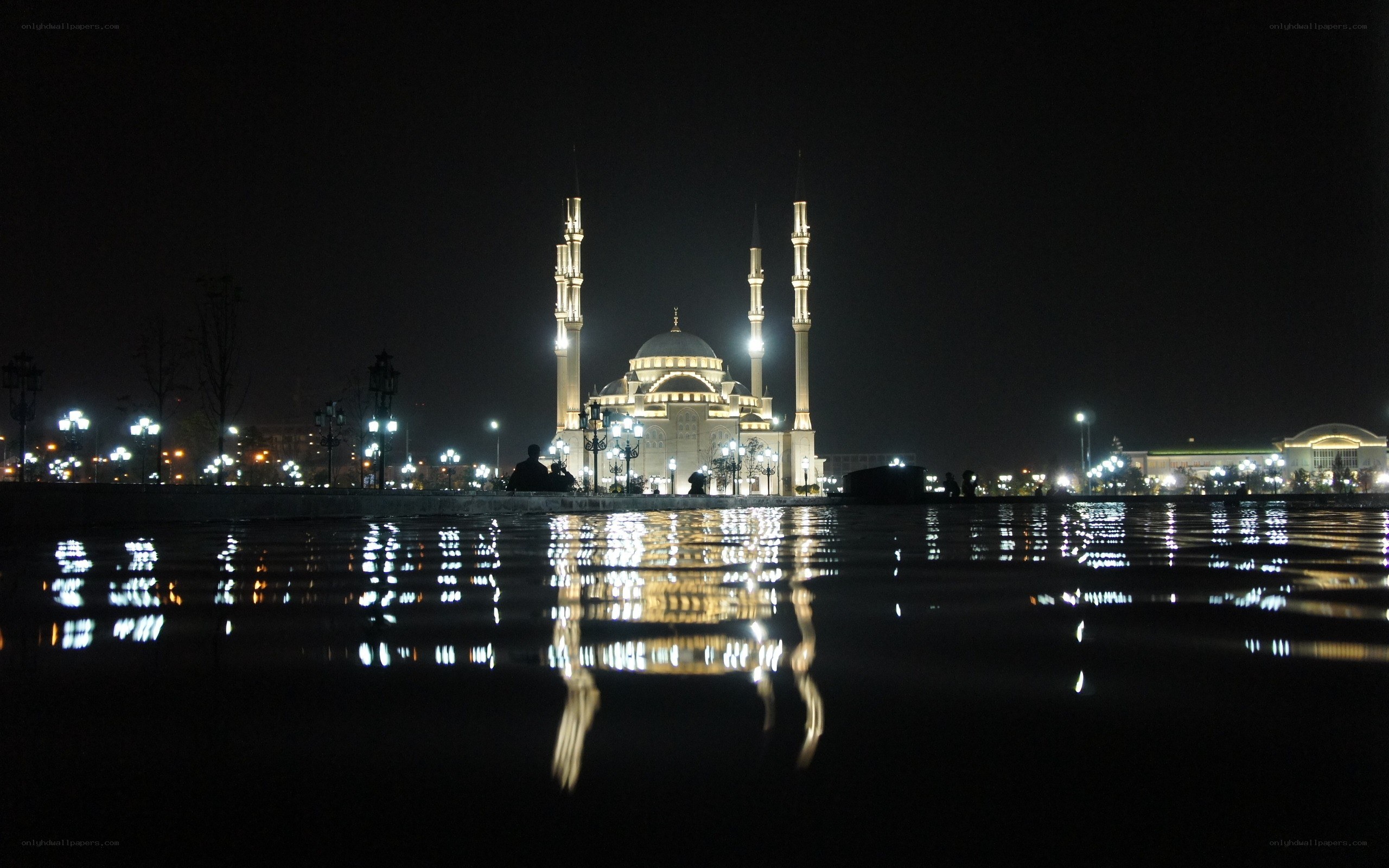 Nighttime mosque reflection
