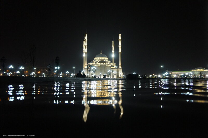 Nighttime mosque reflection