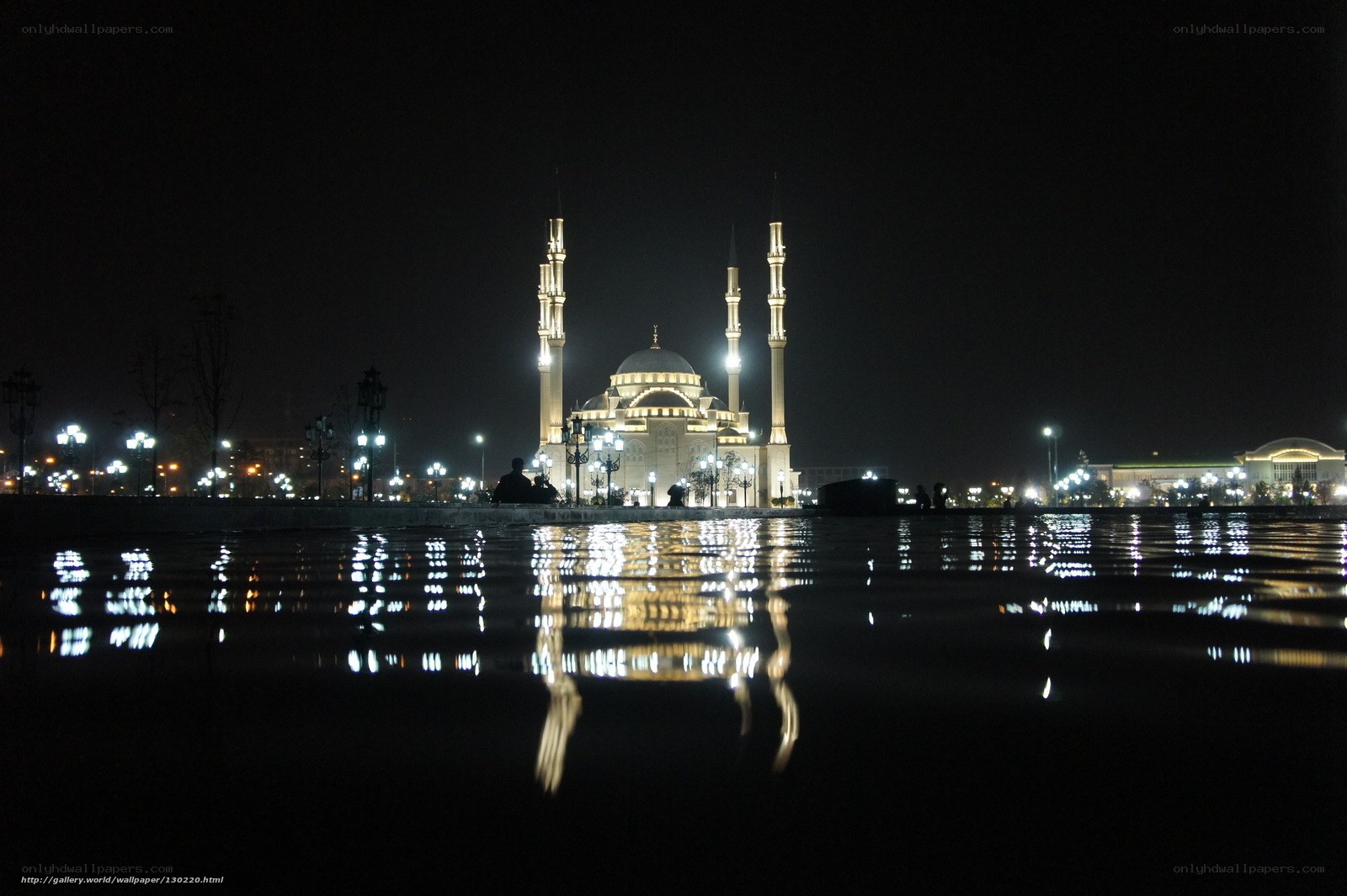 Nighttime mosque reflection