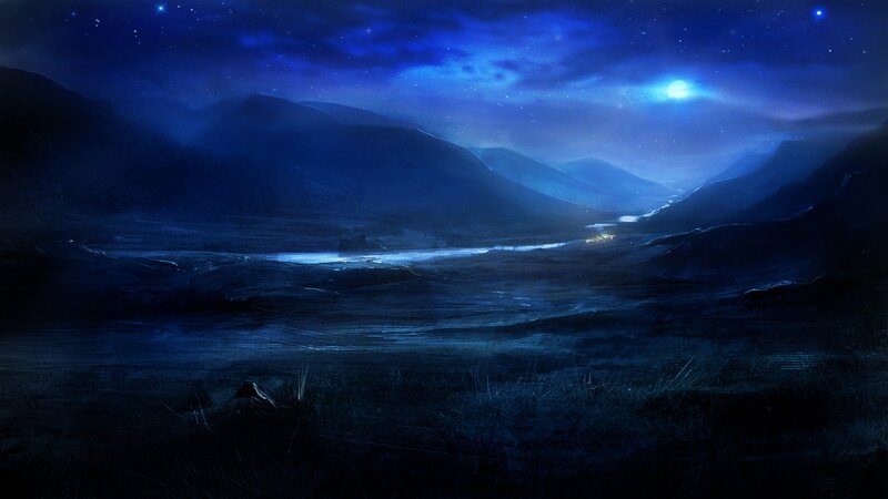 Nighttime mountain valley landscape