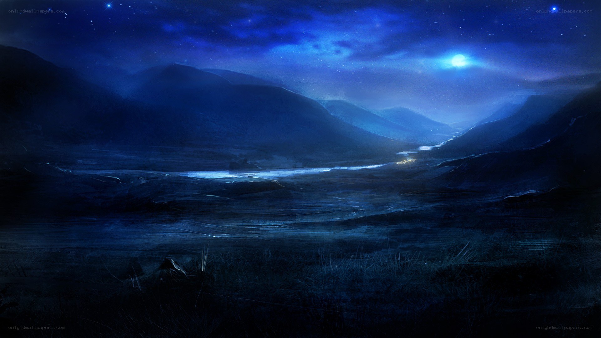 Nighttime mountain valley landscape