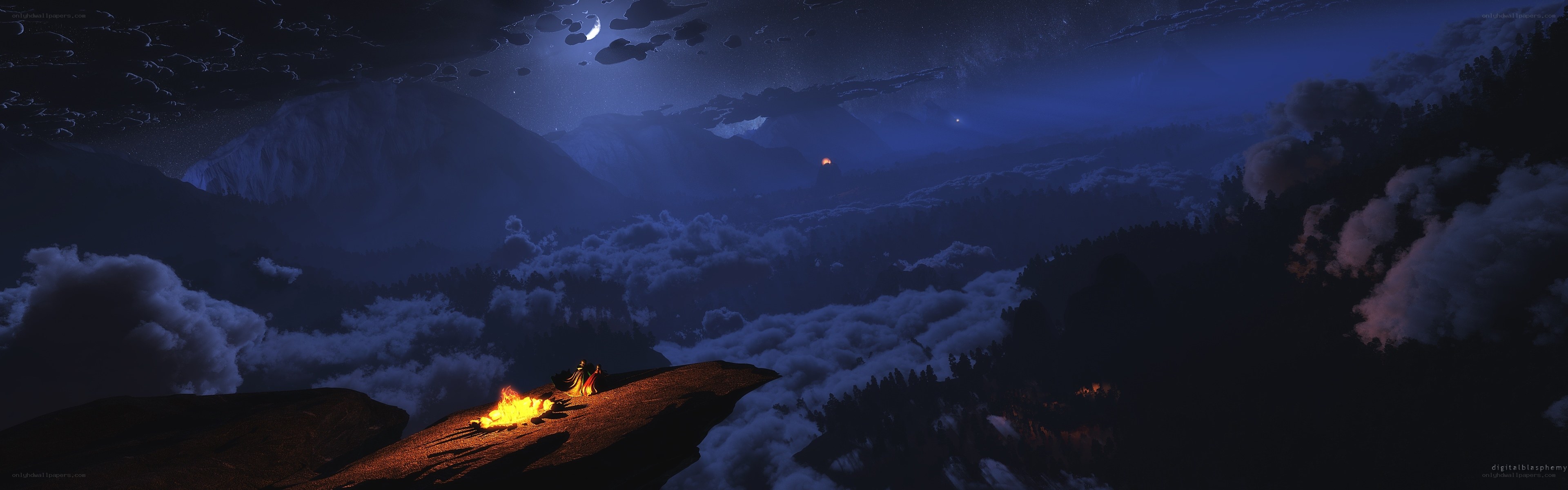 Nighttime mountain vista with campfire