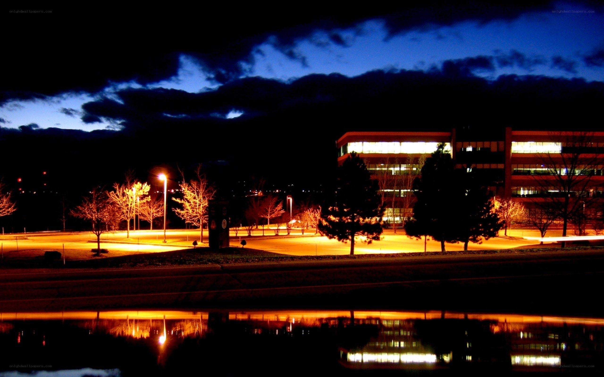 Nighttime office building reflection