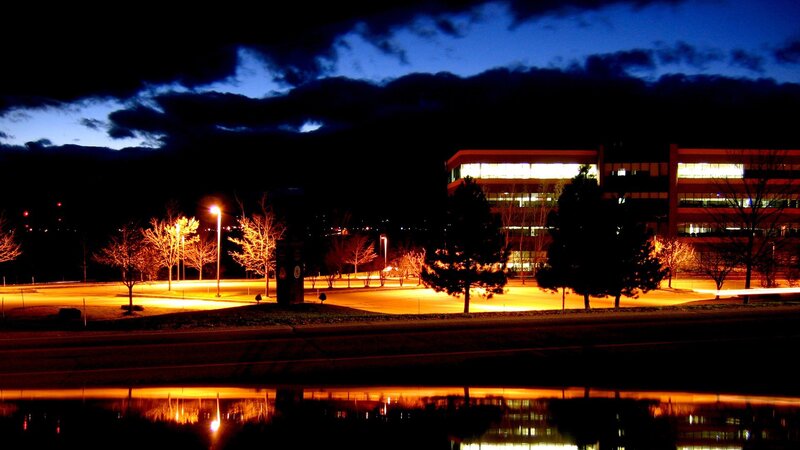 nighttime office building scene