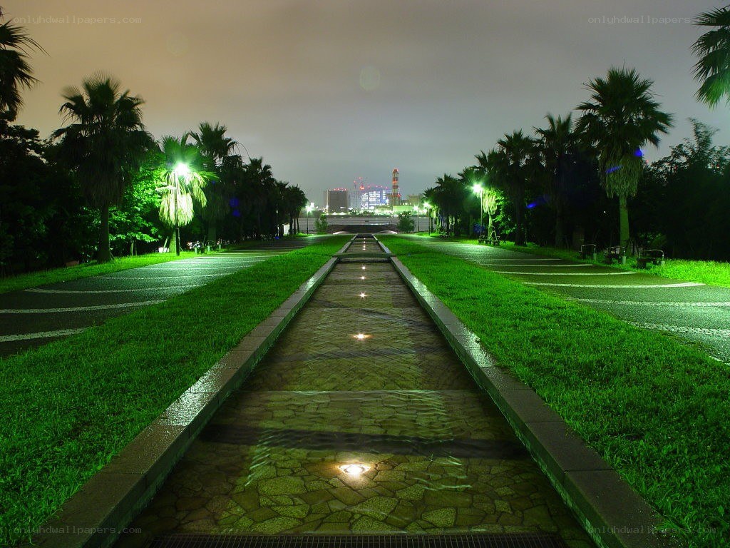 Nighttime park pathway with water feature