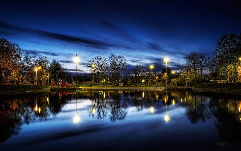 Nighttime park pond reflection