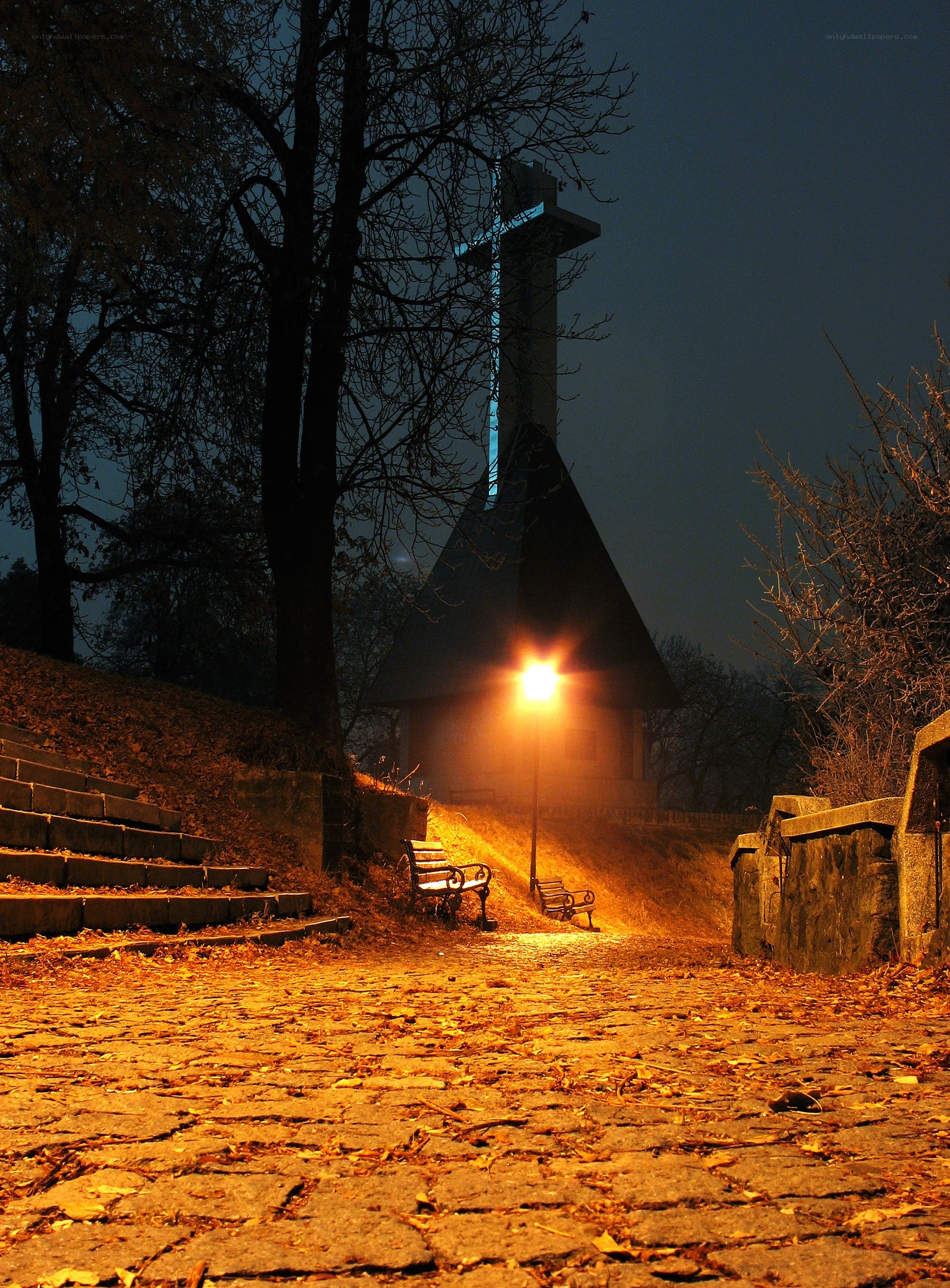 Nighttime park with cross monument
